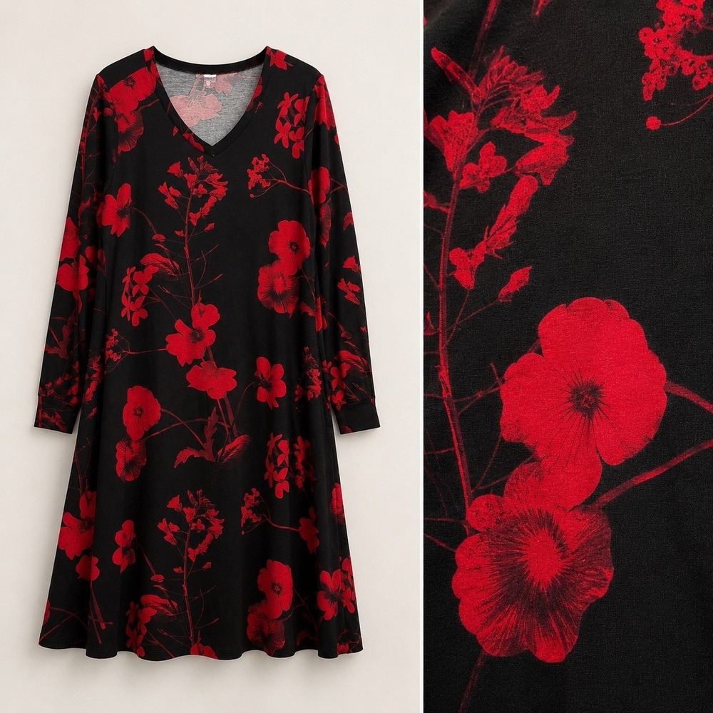 LuLaRoe Dark Floral Dress XL Black Red Floral Stretch V-Neck Romantic Whimsigoth